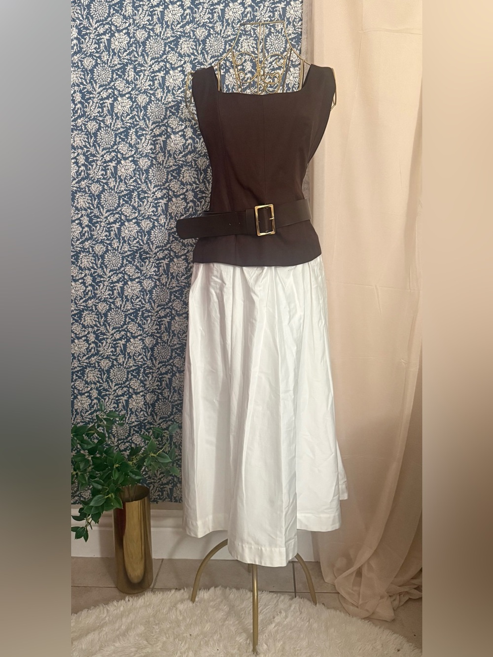 Donna Karan NWT Chocolate Brown & White Belted Midi Outfit